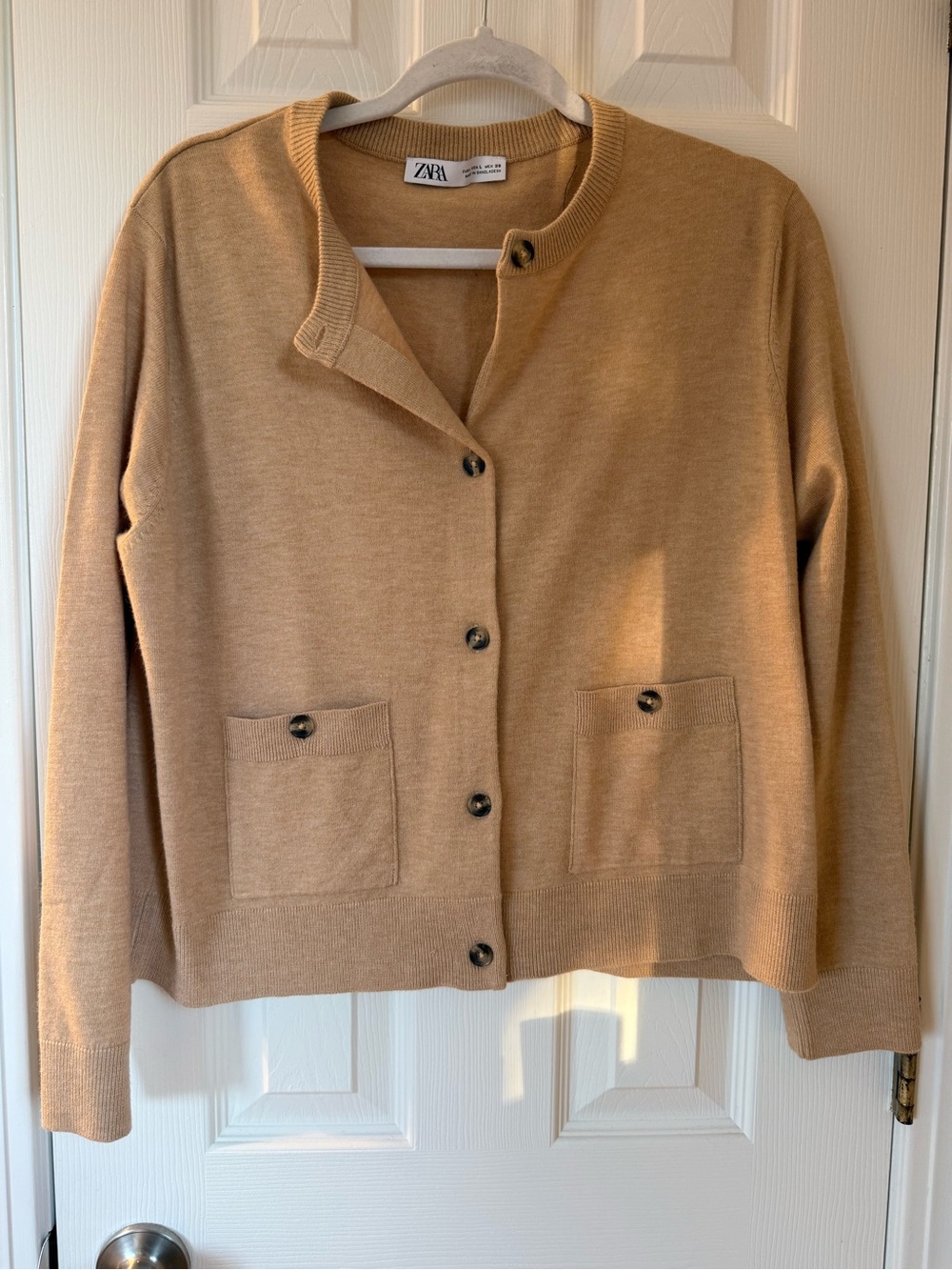 Zara Camel Button-Up Pocket Knit Cardigan